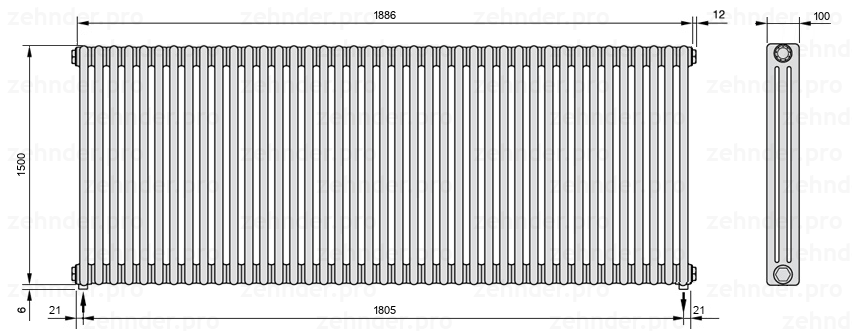 Схема (чертеж) Радиатор Zehnder Charleston 3150/41 №3570 Белый глянцевый RAL 9016